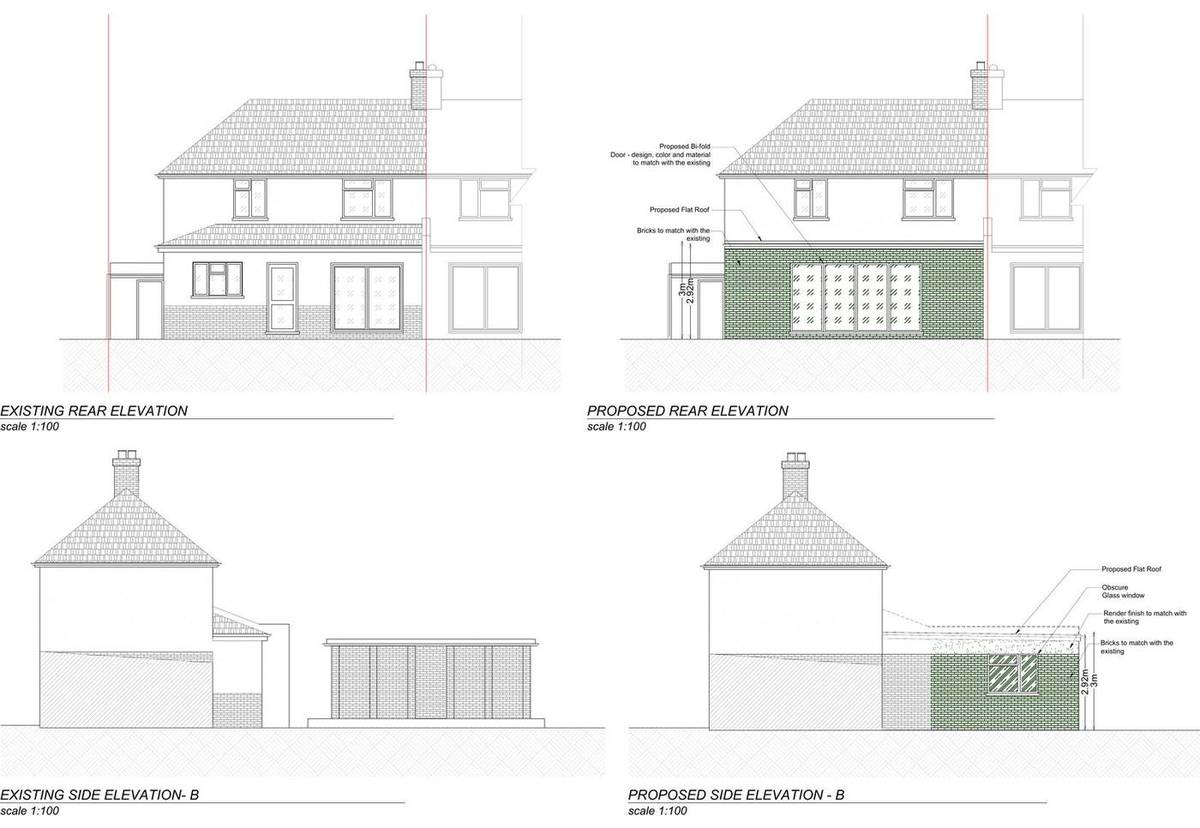 Existing and proposed rear and side elevations of the single-storey rear extension (existing and proposed rear and side elevations, 25/0219/PN1)