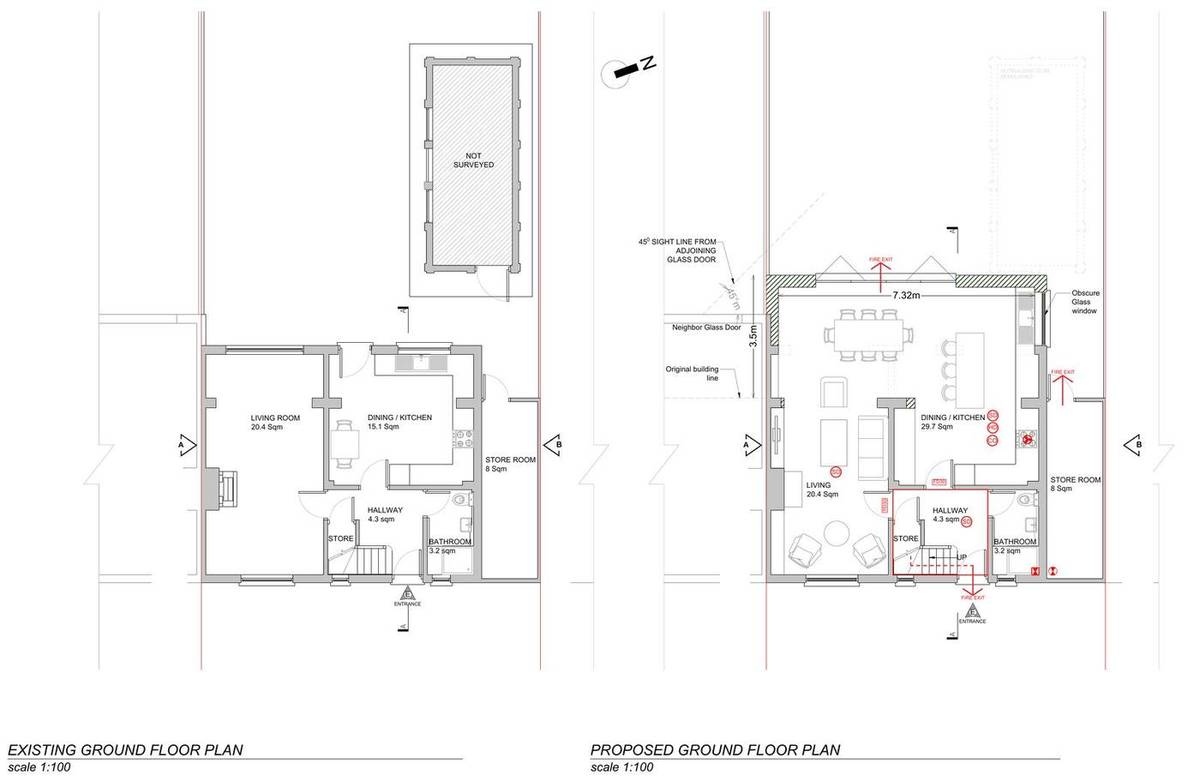 Existing and proposed ground floor plans with the 45-degree sight line from the neighbouring glazed door (existing and proposed ground floor plan)