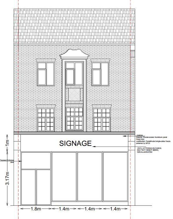 Proposed front elevation showing the new shopfront and fascia (Design & Access Statement)