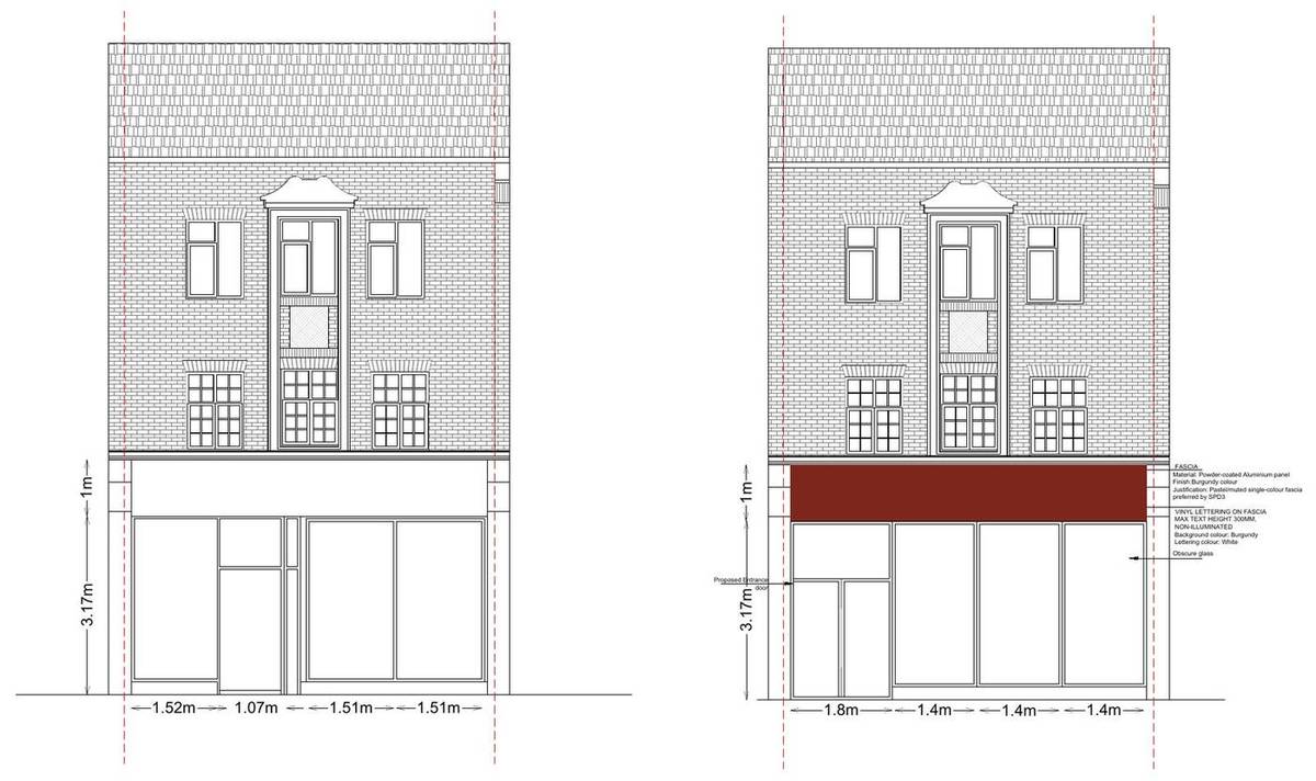 Existing and proposed front elevations showing the new fascia and reconfigured shopfront (Existing and proposed front elevations)