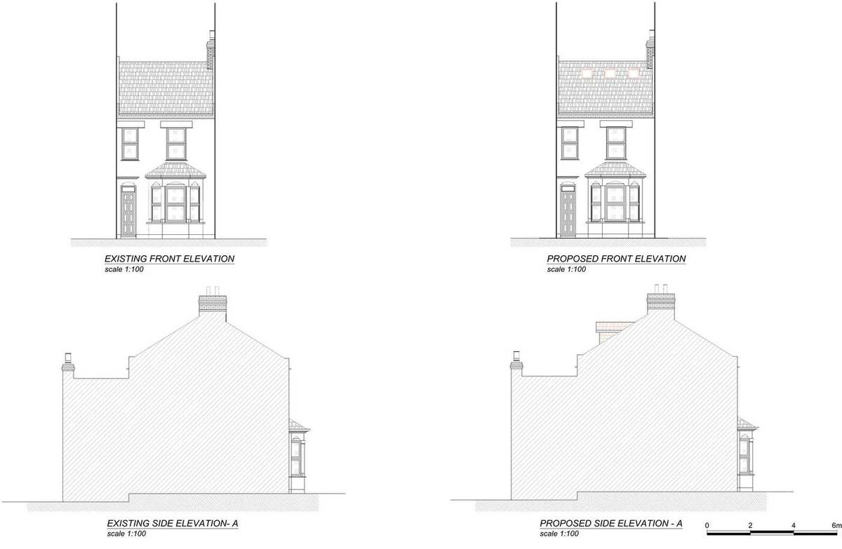 Existing and proposed front and side elevations, showing the three front rooflights and the rear dormer in profile (existing and proposed front and side elevations)
