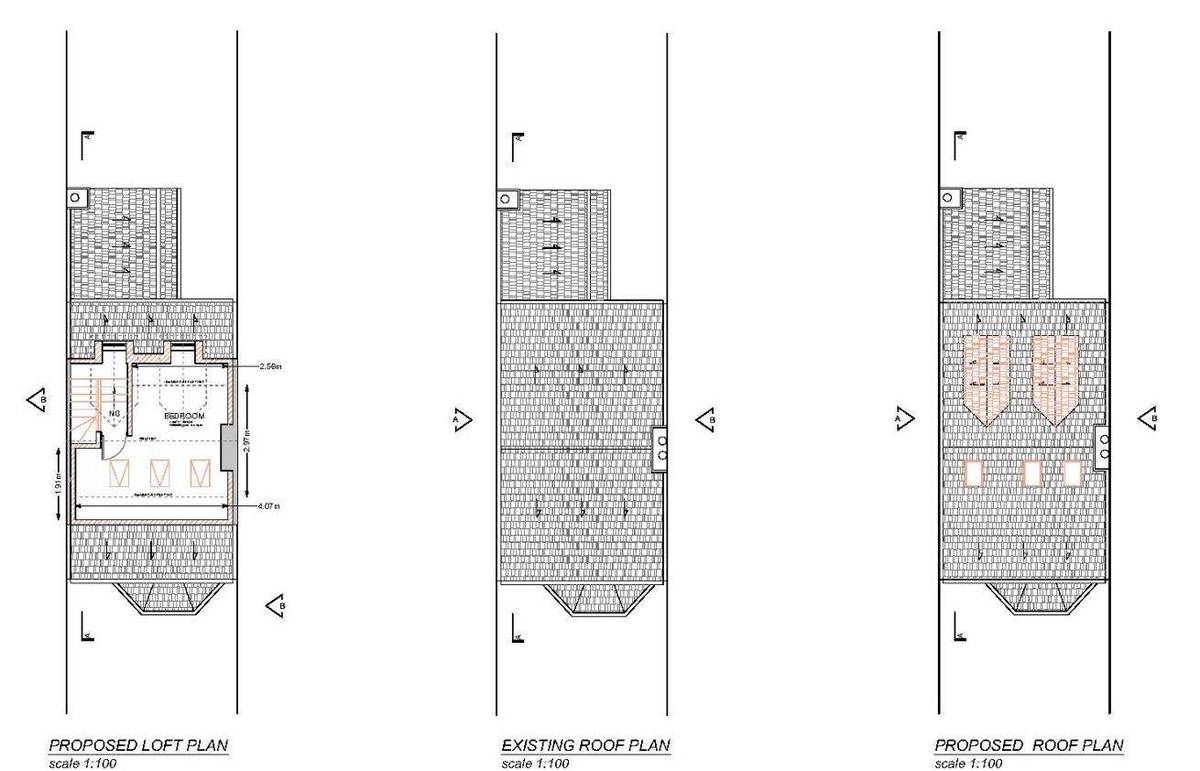 Proposed loft plan with existing and proposed roof plans showing the two separate pitched-roof dormers (design and access statement)