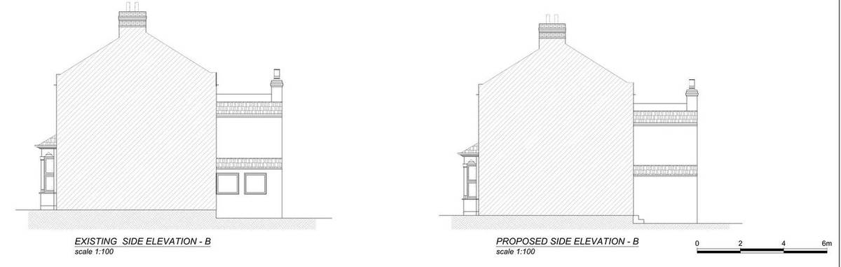 Existing and proposed side elevation of the rear outrigger with the revised ground-floor openings (existing and proposed elevations, 23/2144/HD)