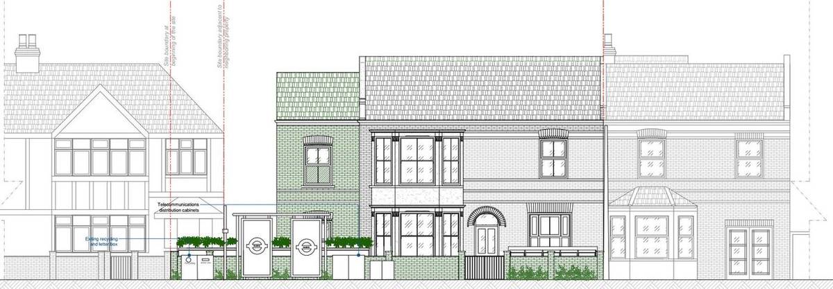Proposed street view showing the side extension, raised ridge and screened cycle and refuse stores (Design and Access Statement)