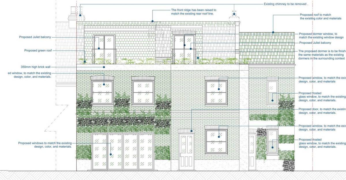 Proposed rear elevation with dormers, Juliet balconies, green roof and climbing plants (Design and Access Statement)