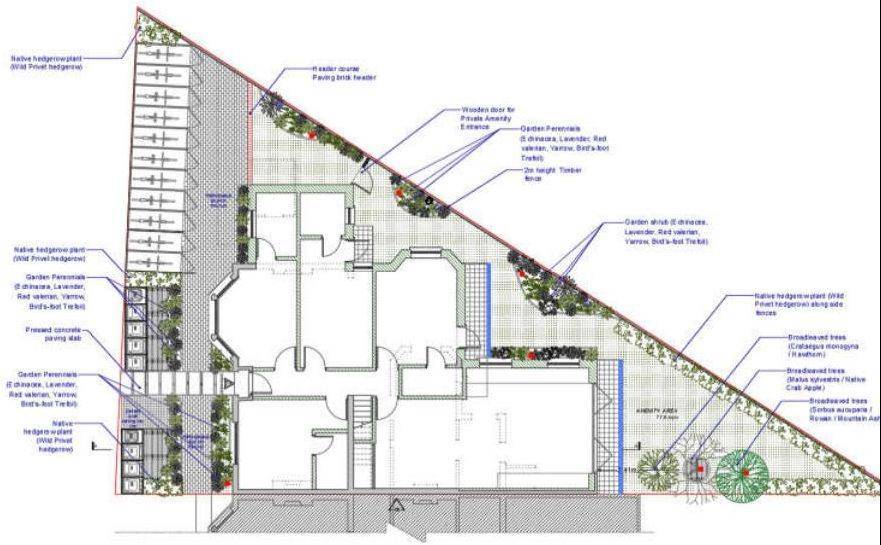 Proposed landscape plan with native hedgerow, perennial planting, new trees and the communal garden (Design and Access Statement)