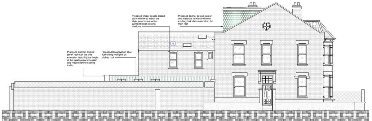 Proposed side elevation to Hartland Road showing the side extension, rooflights and enlarged dormer (planning drawings)