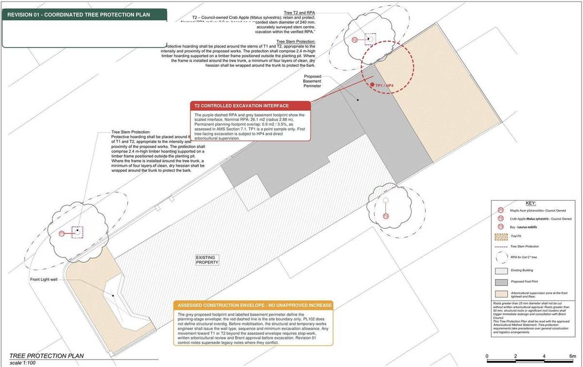 Coordinated Tree Protection Plan showing root protection areas, trial pits and supervision zones around the basement footprint