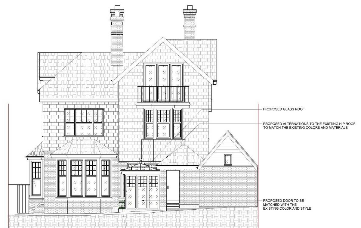 Proposed rear elevation showing the glass-roofed conservatory (existing and proposed rear elevation)
