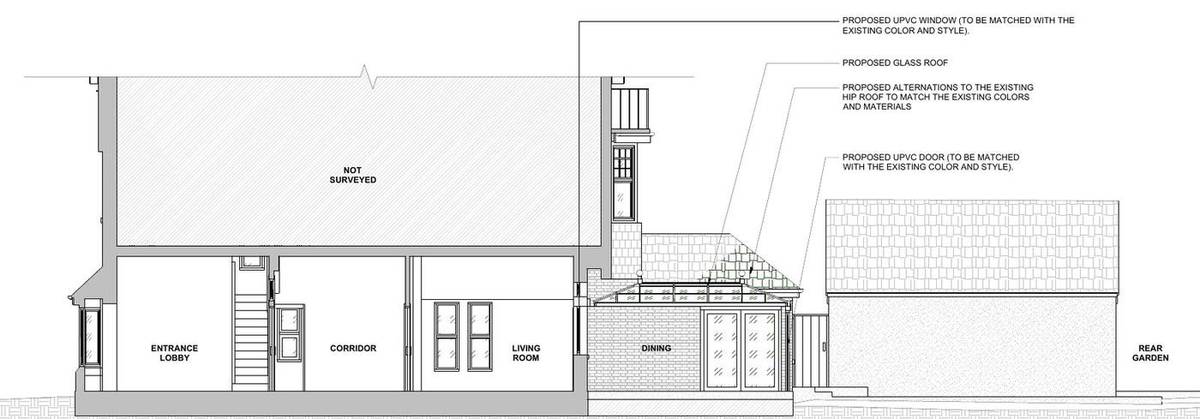 Proposed section through the conservatory and altered hip roof (existing and proposed section A-A)