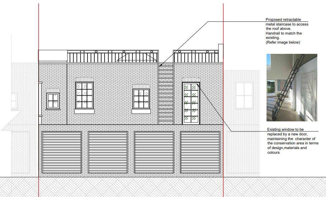 Proposed rear elevation with the new door and the retractable stair to the roof (Design and Access Statement)