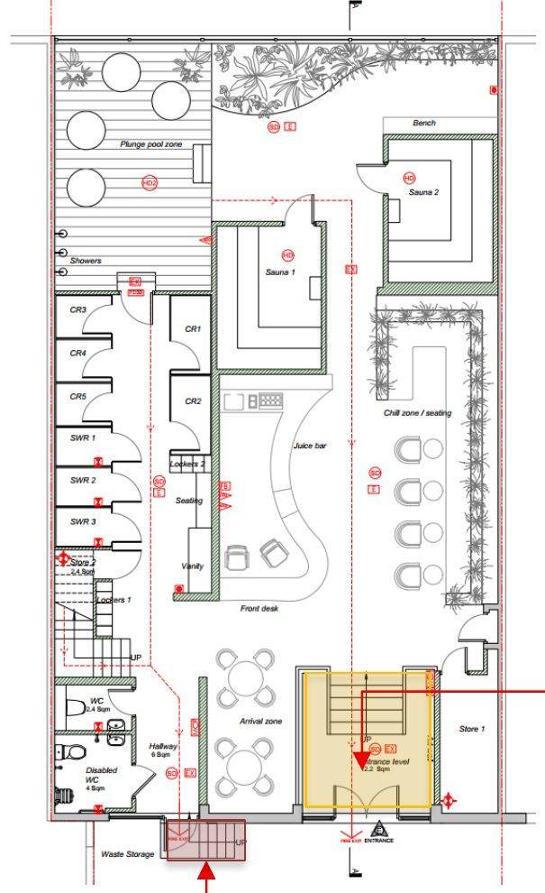 Proposed ground floor layout with saunas, plunge pool zone, changing rooms and juice bar (Design and Access Statement)