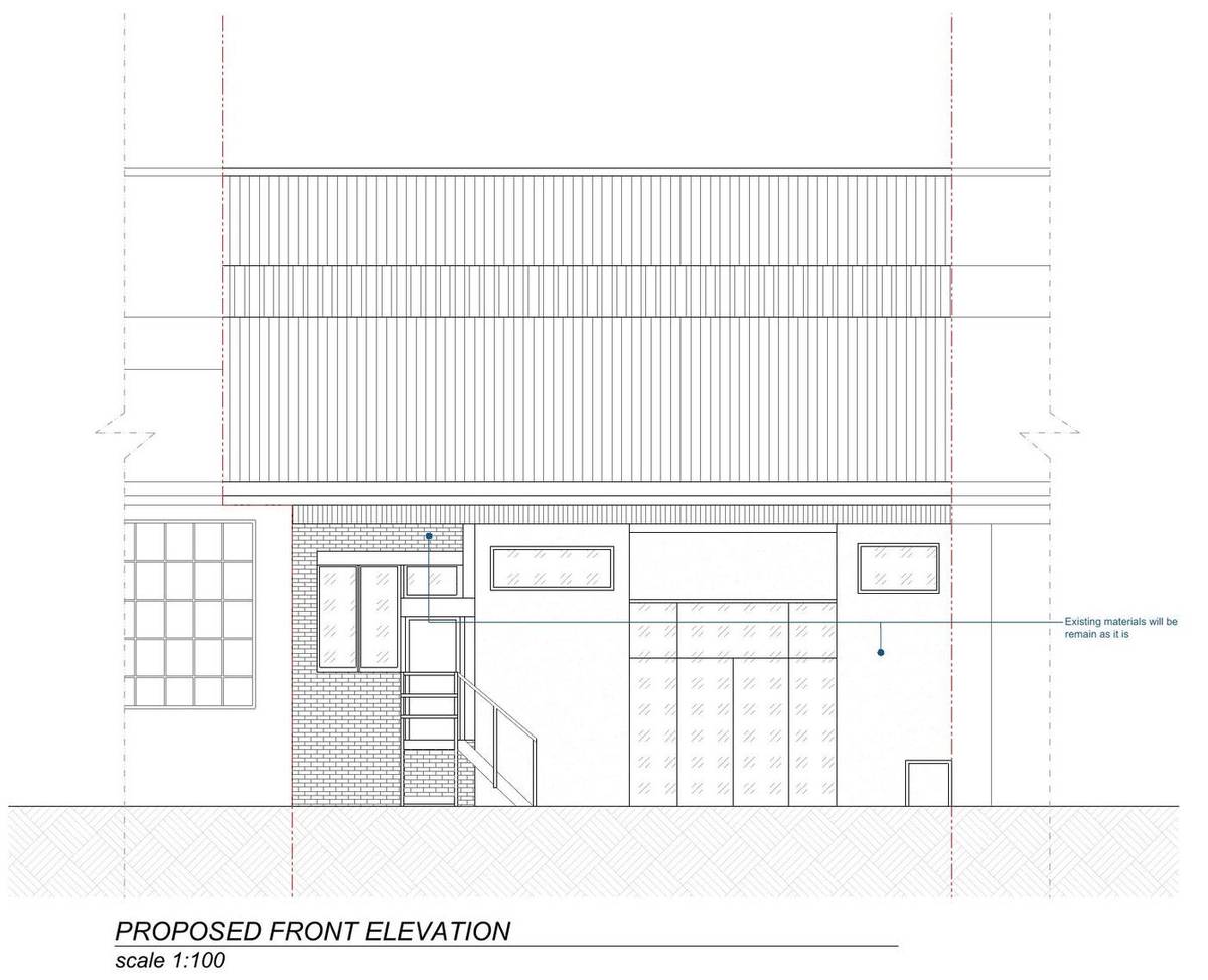 Proposed front elevation, with existing materials retained (Existing and proposed front elevation)