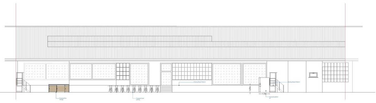 Proposed front elevation with platform lift, bin store and cycle parking (planning drawings)