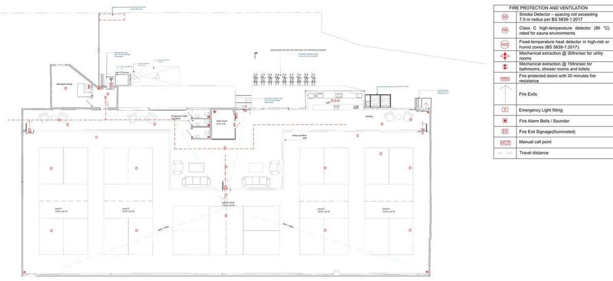 Proposed ground floor plan showing courts, café, accessible entrance and fire protection layout (planning drawings)