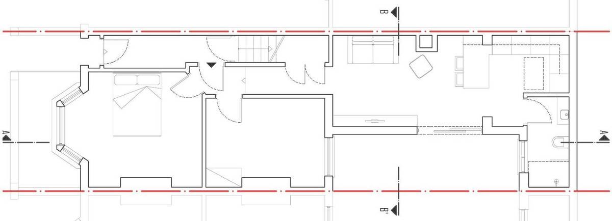 Proposed ground floor plan showing the reconfigured kitchen, dining area and relocated bathroom (Design and Access Statement)