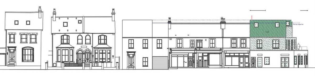 Proposed street elevation from Leicester Road, showing the new ridge aligned with the raised roofline of the neighbouring property (Design and Access Statement)