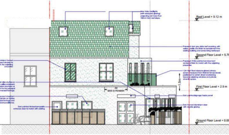 Proposed front elevation showing the 2 m side extension, pitched roof storey with rooflights and privacy screening (Design and Access Statement)