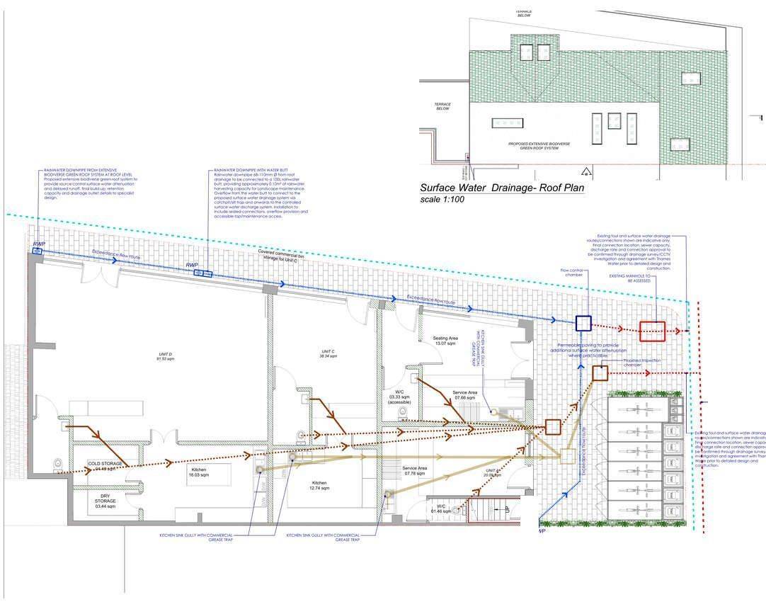 Surface water and foul drainage plan with green roof, permeable paving and grease-trap connections (Design and Access Statement)