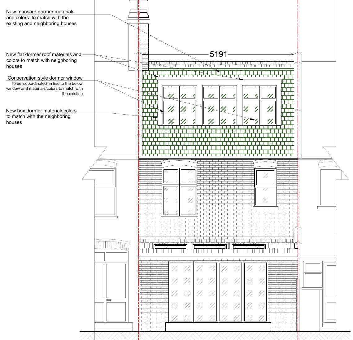 Proposed rear elevation with the rear mansard roof extension (Existing and proposed front and rear elevations, 2024)