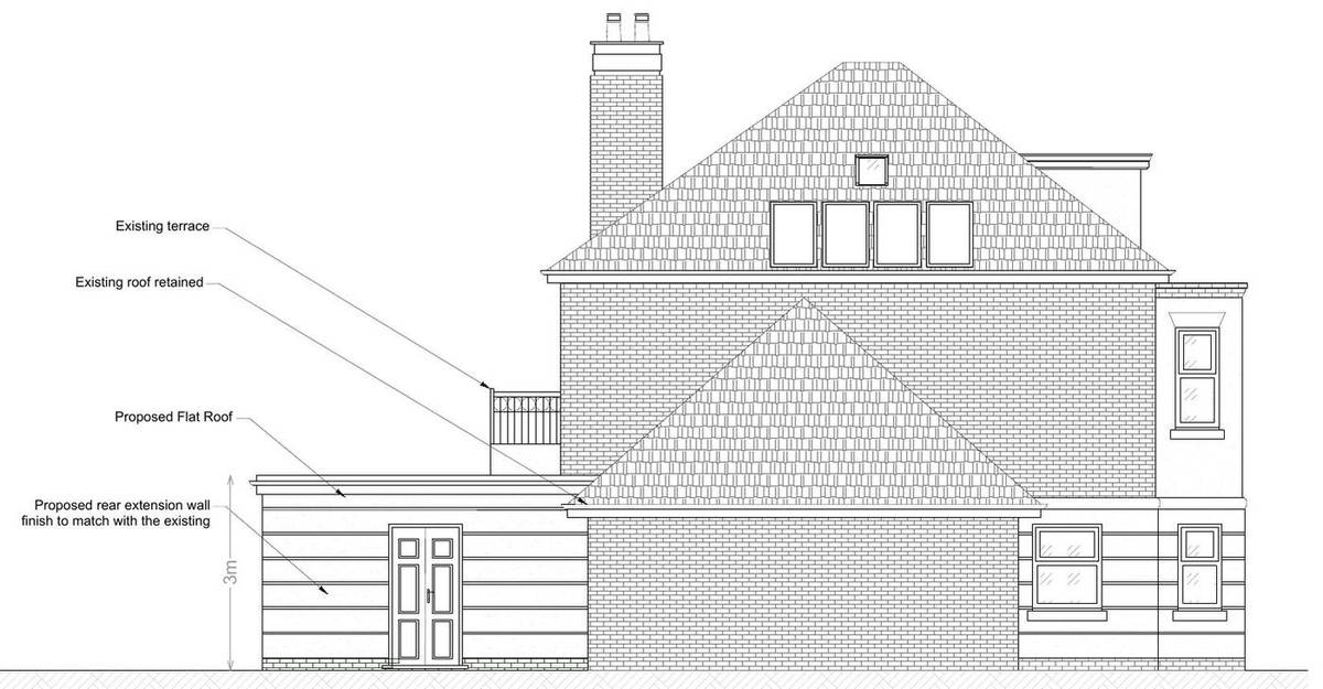 Proposed side elevation showing the 3 m flat-roofed rear extension (Existing and proposed front and side elevations)