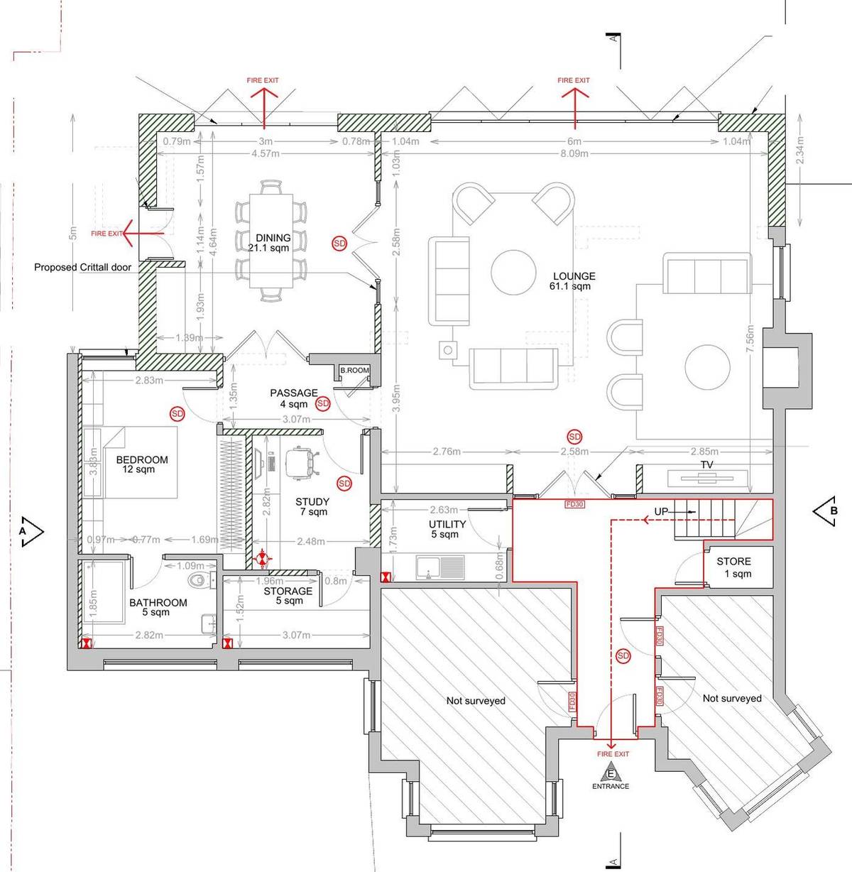 Proposed ground floor plan with the new lounge, dining area and study (Existing and proposed ground floor plan)