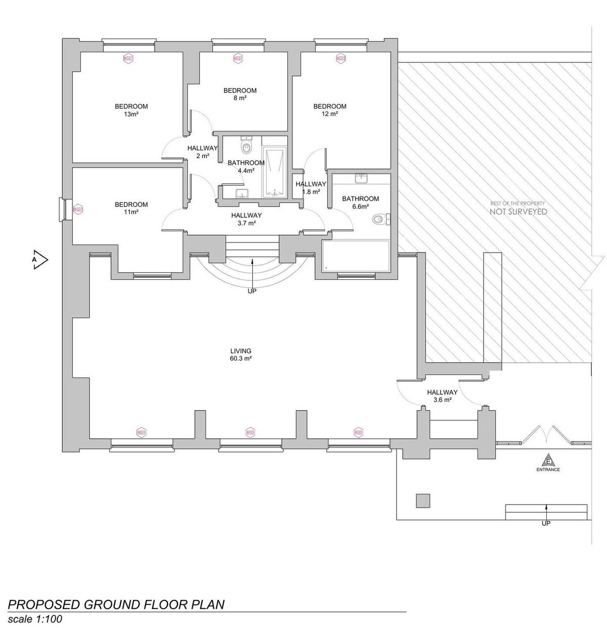 Proposed ground floor plan with each replacement window tagged (existing and proposed ground floor plan)
