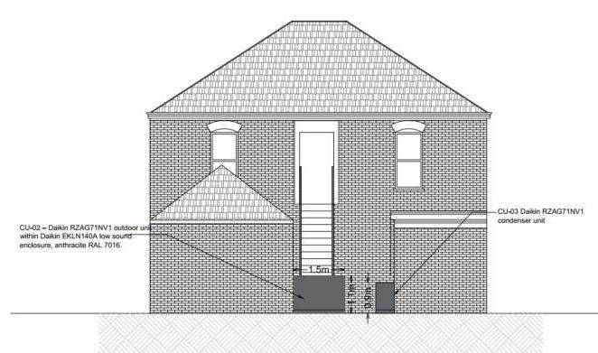 Proposed rear elevation showing condenser units, one within a low-sound acoustic enclosure (Planning Statement)