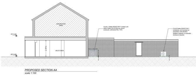 Proposed section showing the floor-mounted condensers in the rear courtyard (Planning Statement)