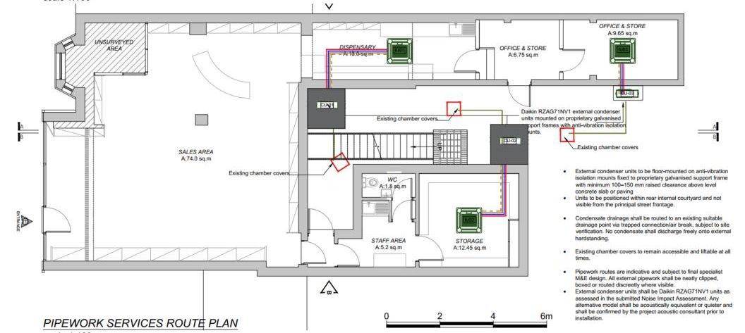Pipework services route plan with condenser positions, refrigerant routes and chamber covers (Planning Statement)