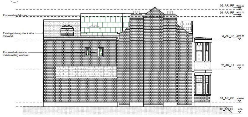 Proposed side elevation showing the rear dormer and the chimney stack to be removed (Design and Access Statement)