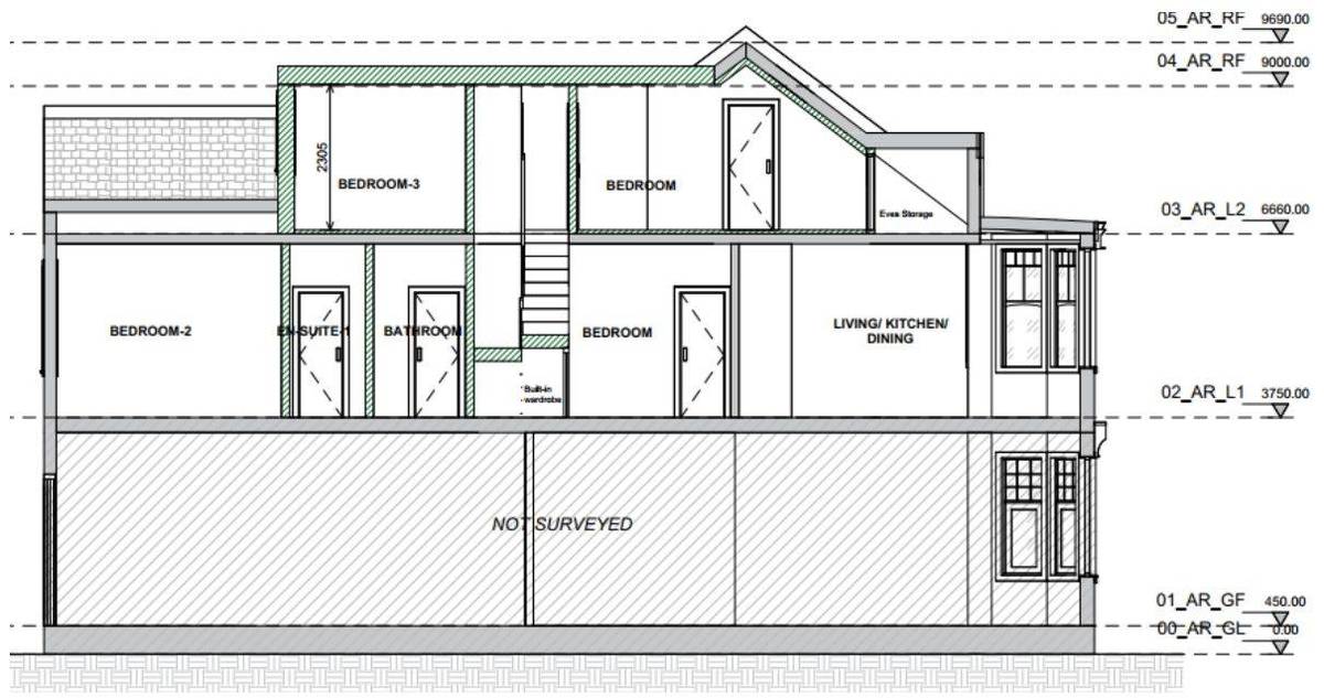 Proposed section through the first floor and converted loft (Design and Access Statement)