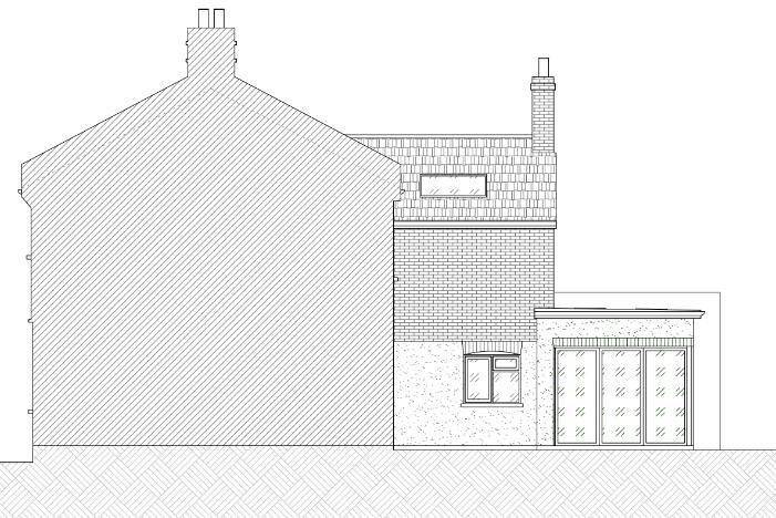 Proposed side elevation showing the single-storey extension with flat roof and bi-fold doors (Design & Access Statement)