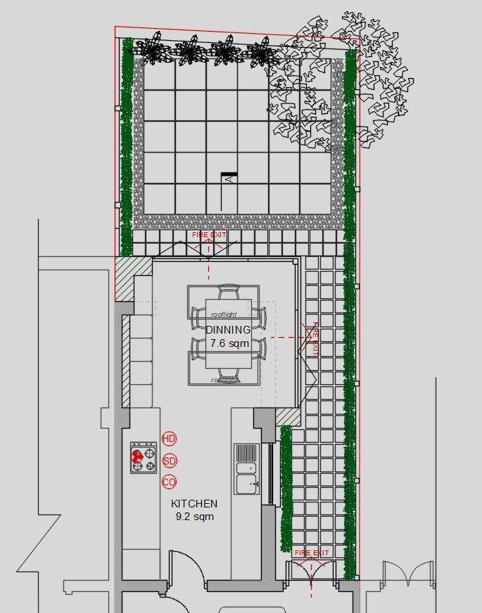 Proposed ground floor and landscaping plan with the enlarged dining area, rooflights and retained tree (Design & Access Statement)