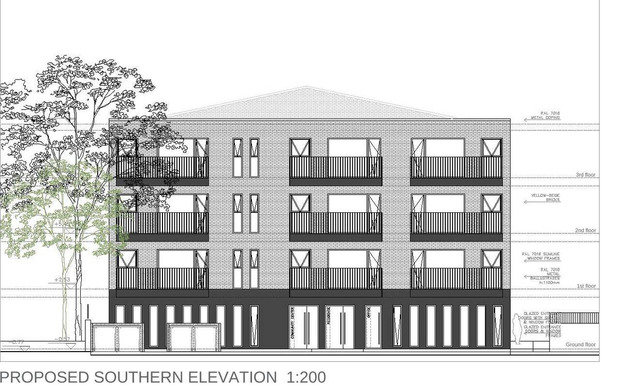 Proposed southern elevation showing yellow-beige brick, balconies and the glazed ground-floor community and residential entrances (drawing A.04)