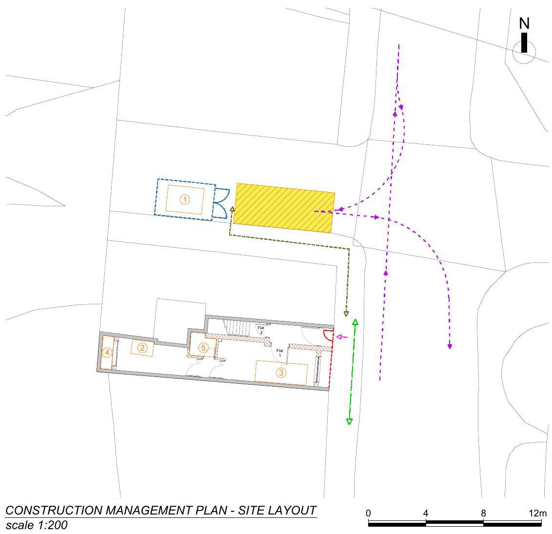 Construction management plan site layout showing loading area, skip store and pedestrian routes (discharge of condition 5 drawing)