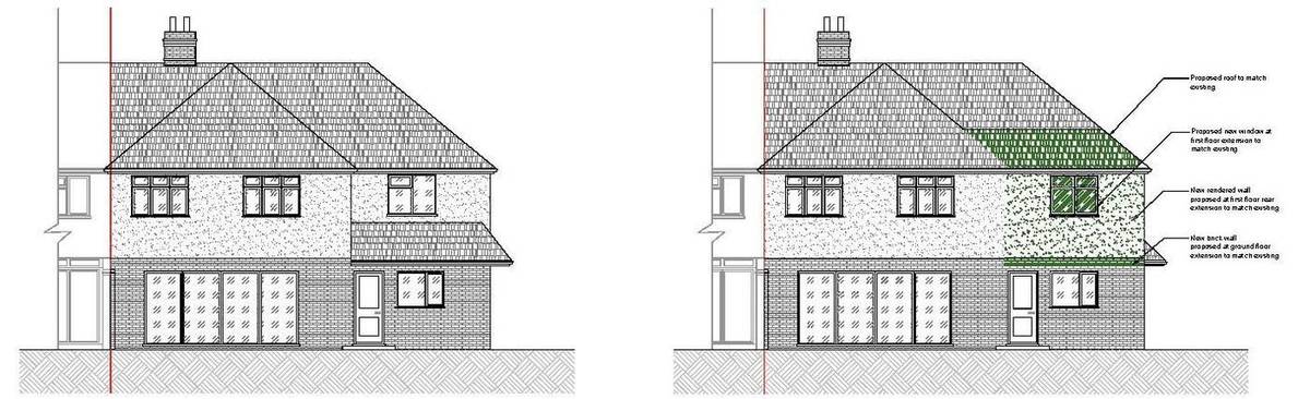 Existing and proposed rear elevations showing the first-floor extension and altered roof (Design and Access Statement)