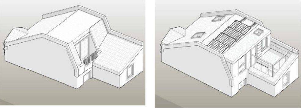 Existing (left) and proposed (right) 3D views of the rear roof, showing the new roof terrace, rooflights and solar panels (Design, Access and Heritage Statement)