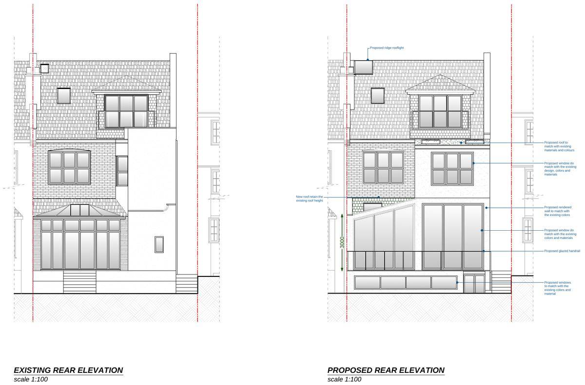 Existing and proposed rear elevations (rear elevation drawing)