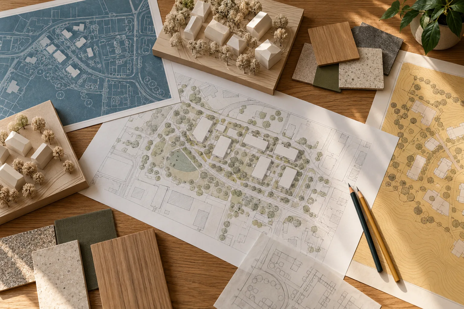Illustrative architectural workspace with drawings, models and material samples