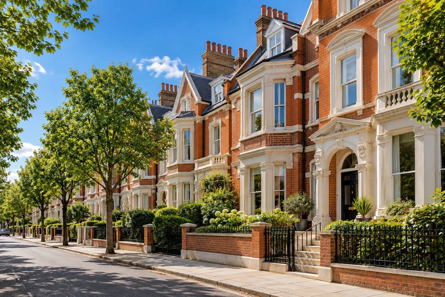 Illustrative London-style brick streetscape with trees and a blue sky