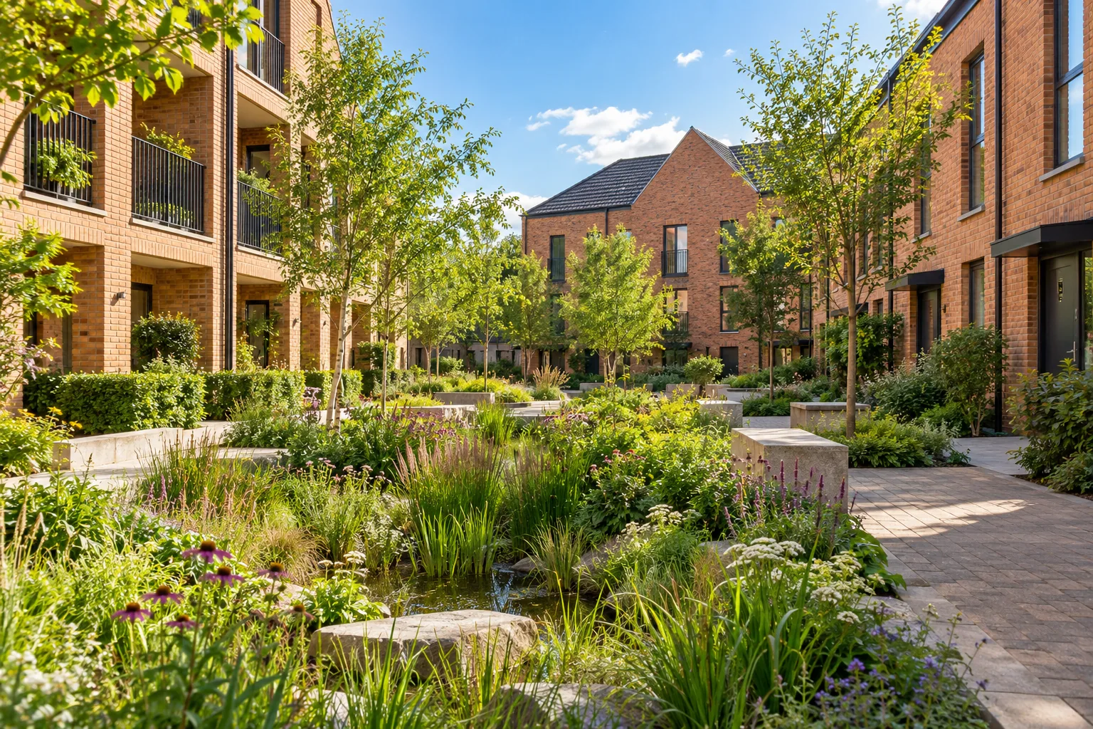 Illustrative residential courtyard with planting and a rain garden